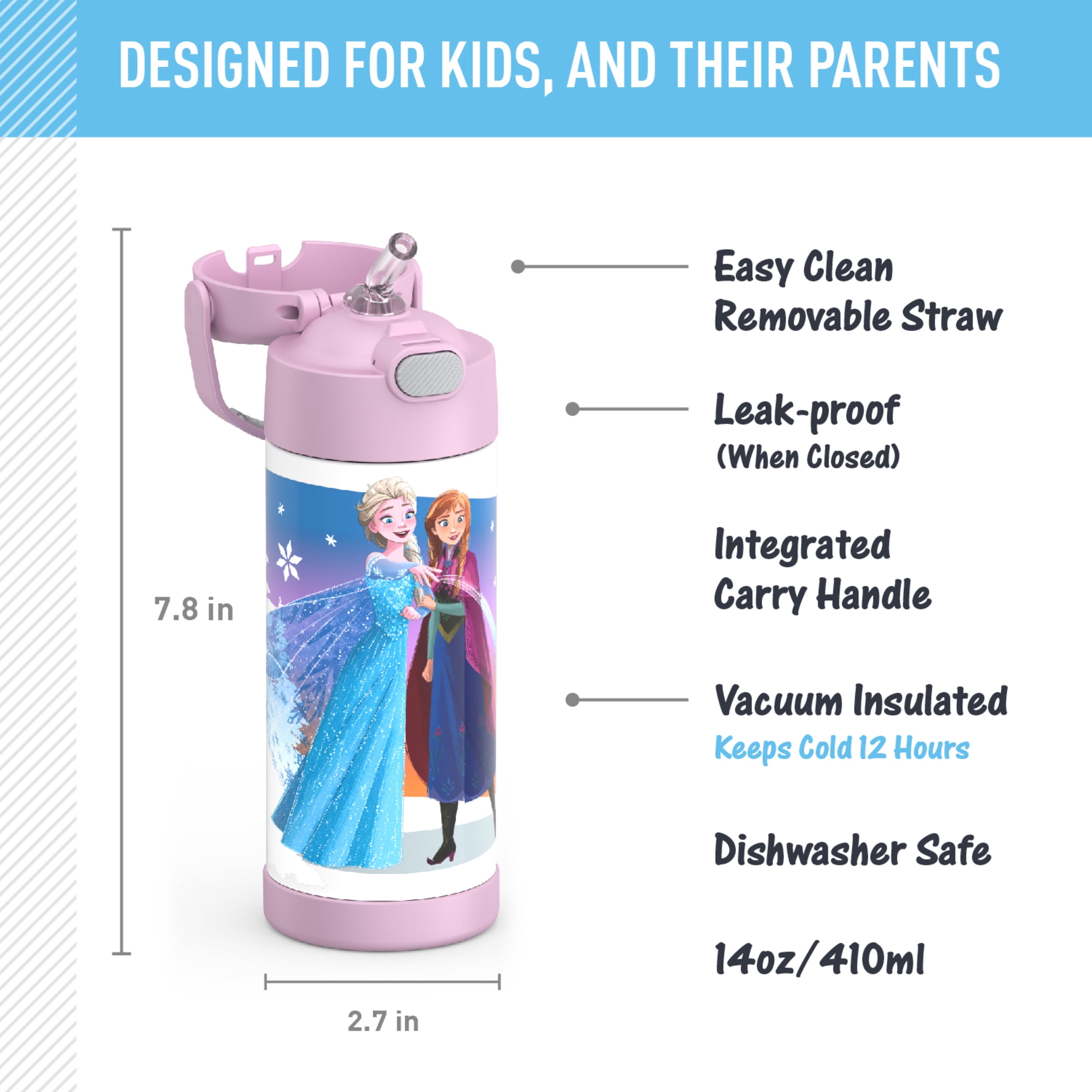 Thermos Kids Stainless Steel Funtainer Water Bottle with Straw, Dishwasher Safe, Leak Proof, Frozen, 14 oz
