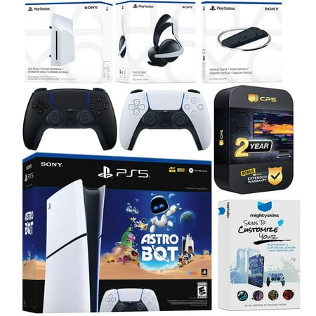 Sony PlayStation 5 Astro Bot Slim Digital Bundle with Disc Drive, Pulse Elite Headset, Extra Controller, Vertical Stand, MightySkins Voucher and 2 Year Extended Warranty - Midnight Black