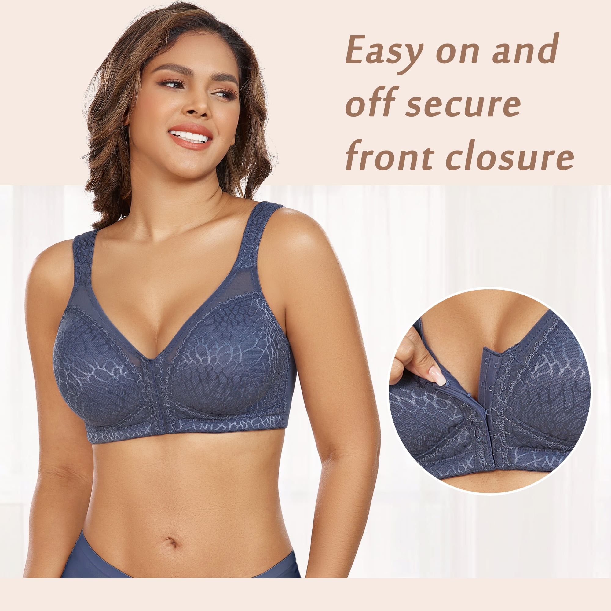 Exerin Women's Front Closure Full Coverage Wirefree Posture Back Plus Size Bra(44D,Blue)