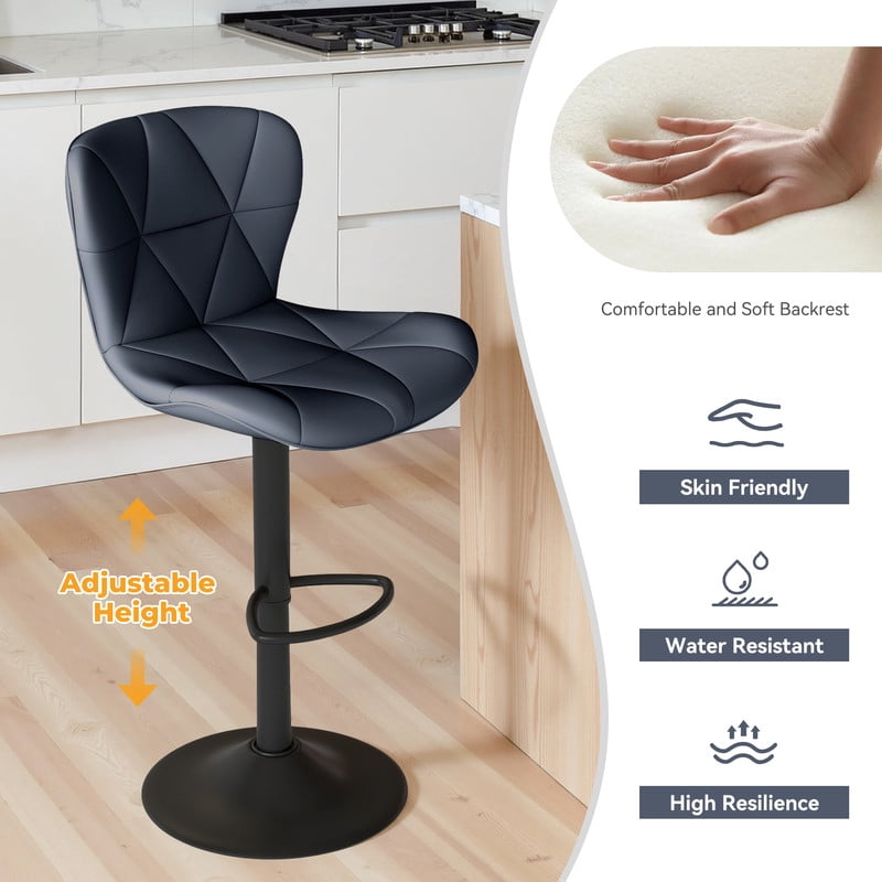 Daluvenix Modern Bar Stools Set of 3, Adjustable Swivel Counter Height Bar Chairs with Back, Faux Leather Upholstered for Kitchen Island, Dark Blue