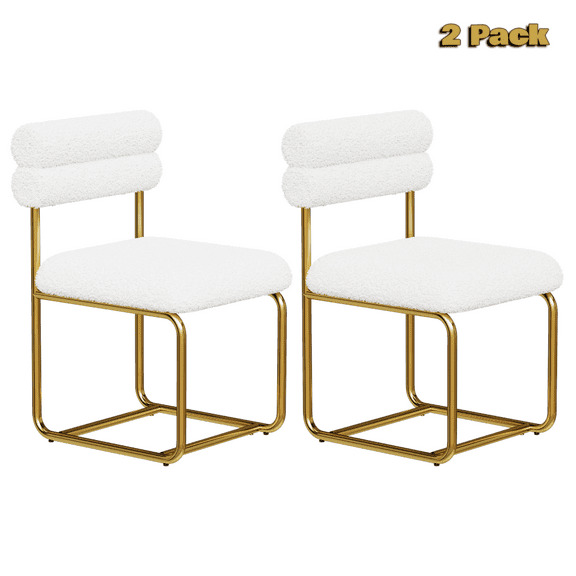 Hassch White Teddy Velvet Dining Chairs, 2 Pack, Modern Minimalist Kitchen Side Chairs with Upholstered Seat and Golden Metal Base, 19.5"L x 22.5"W x 30"H