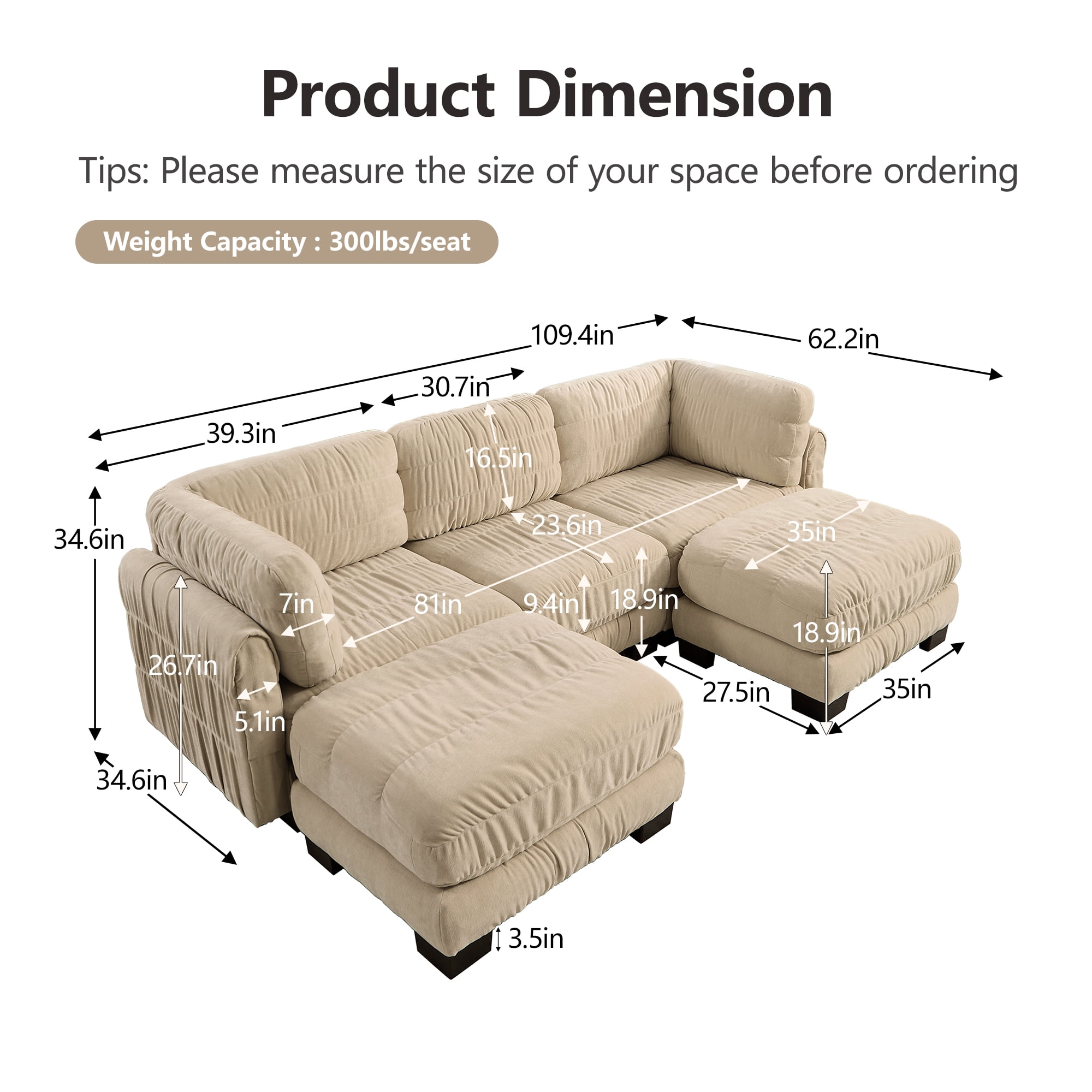 109" U Shape 3 Seat Chenille Modular Sectional Sofa with 2 Movable Ottomans and L Shape Back Cushions