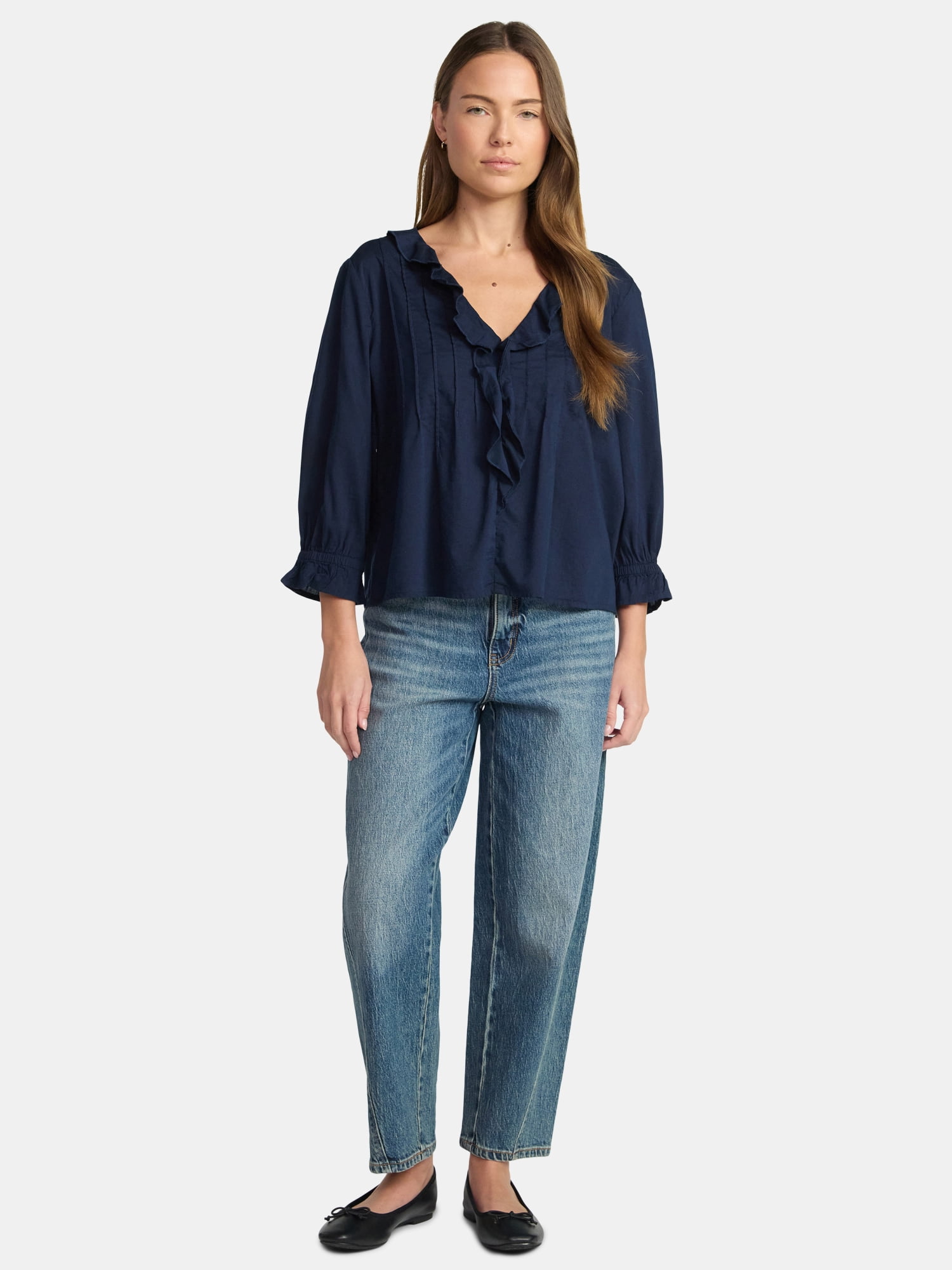 Time and Tru Women's Ruffle Neck Blouse with 3/4-Length Sleeves, Sizes XS-XXXL