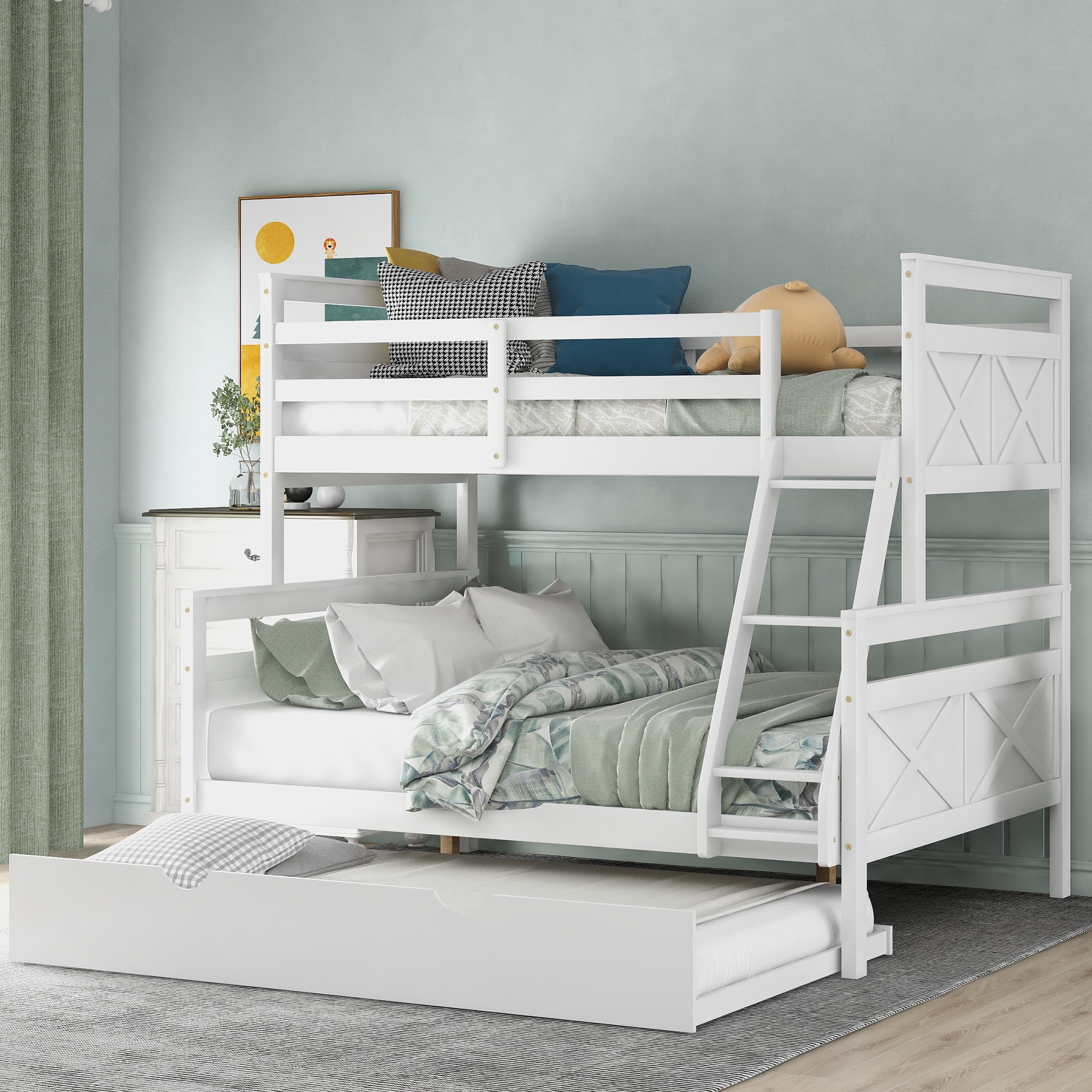 Euroco Wood Twin over Full Bunk Bed with Trundle for Kids & Adults for