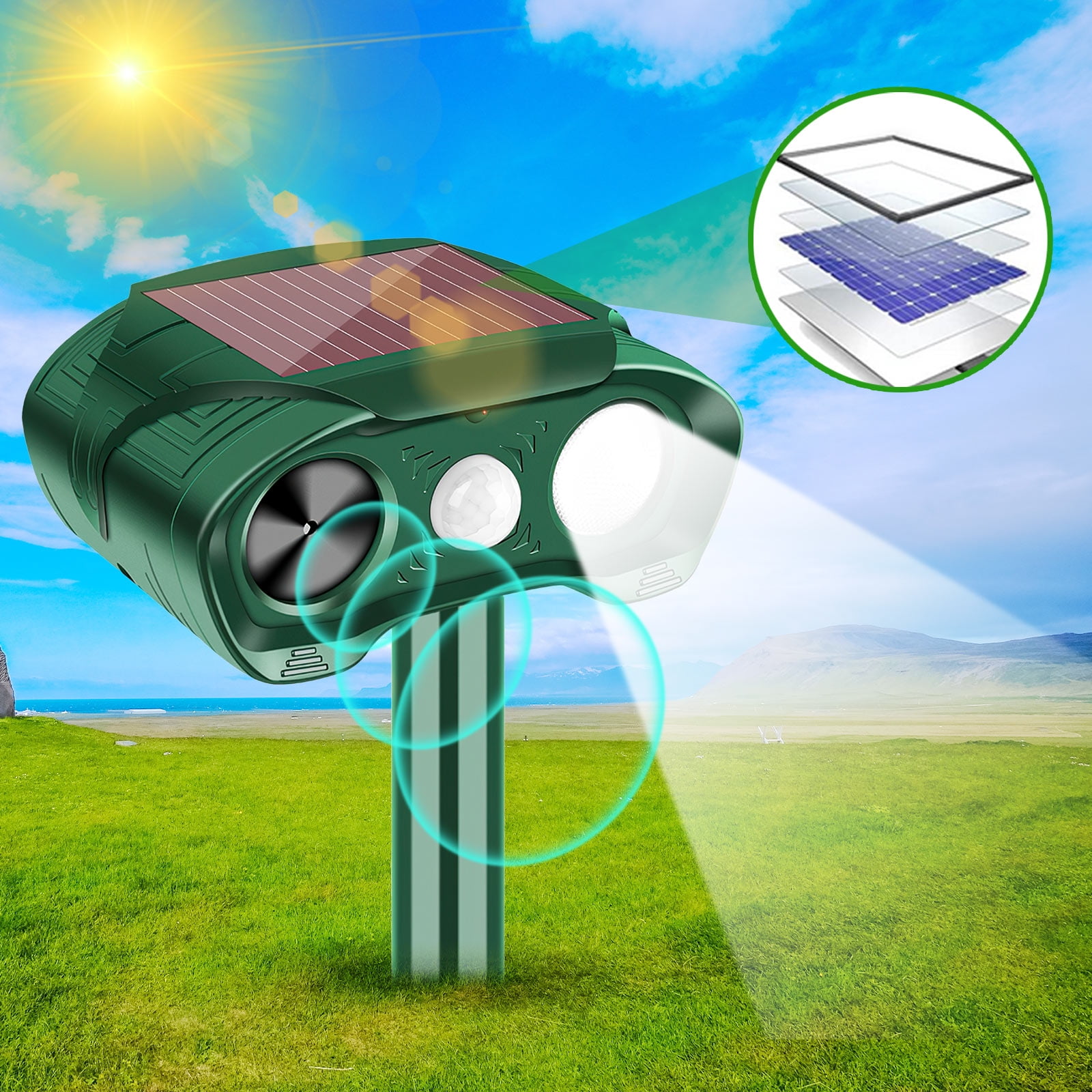 KingFurt Ultrasonic Solar Animal Repellent with Motion Sensor Flashing Light Waterproof Outdoor 4 Pack