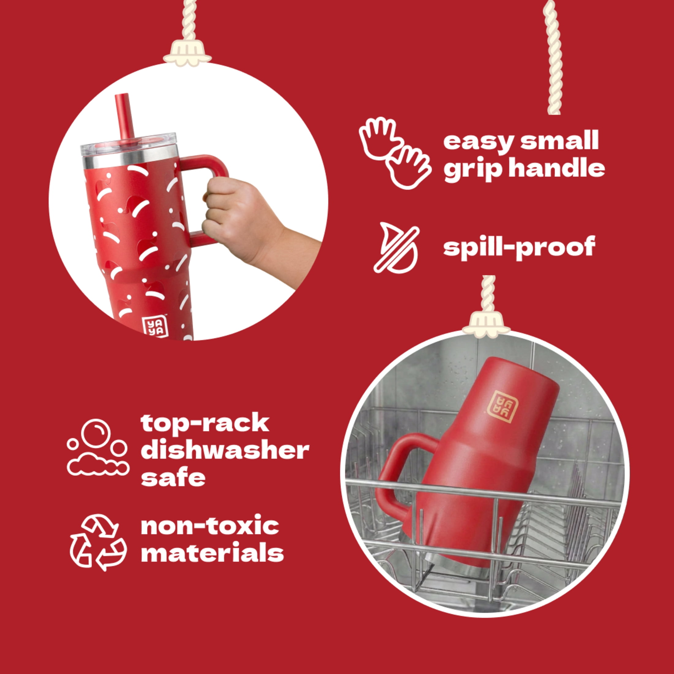 YAYA My First Travel Tumbler for Preschool & Kids 3+, Insulated Stainless Steel Tumbler with Reusable Silicone Straw & Spill-Proof Lid, Cup Holder Compatible, BPA-Free, 12oz, Santa Hats