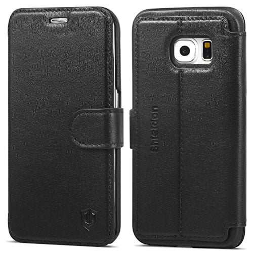 Galaxy S6 Edge Case, SHIELDON 2 in 1 Galaxy S6 Edge Wallet Case Folio Flip Genuine Leather Case Magnetic Closure Slim Back Cover with Card Holder for Samsung S6 Edge, Black -