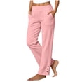 thumbnail image 2 of Linen Pants Women Petite Casual Straight Leg Pants Ladies Elastic Waist Pull On Trousers with Pockets,Cotton Soft Breathable ankle pants，Split Button Design Pink L, 2 of 6