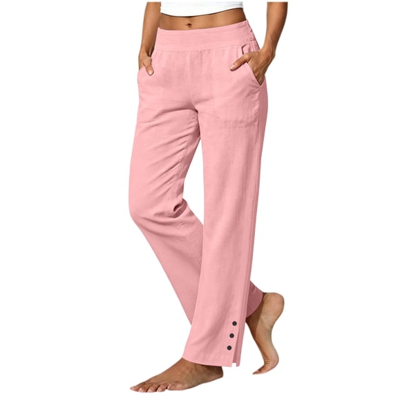 Linen Pants Women Petite Casual Straight Leg Pants Ladies Elastic Waist Pull On Trousers with Pockets,Cotton Soft Breathable ankle pants,Split Button Design Pink M
