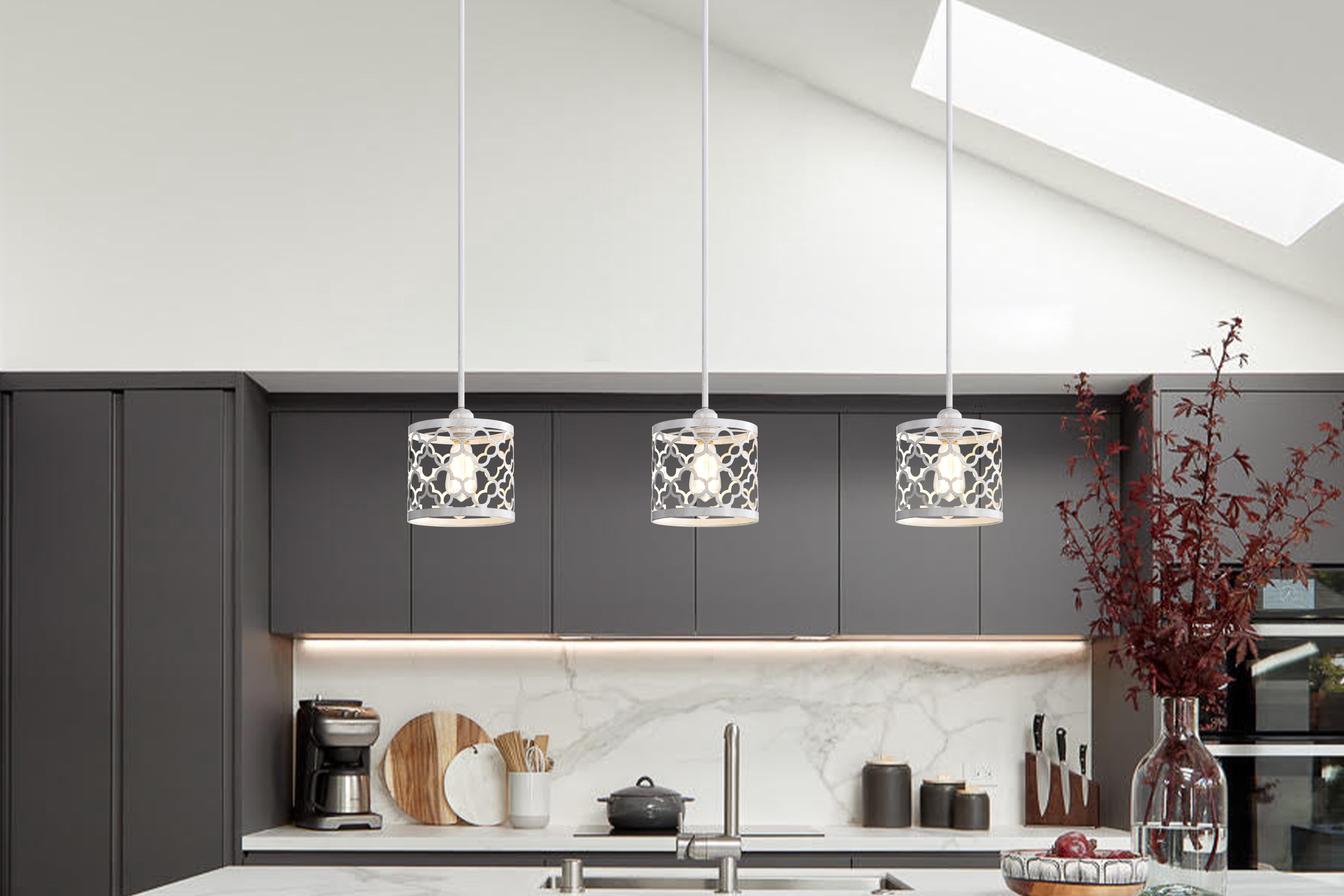 White Plug in Pendant Light with Switch, 19.7FT Hanging Swag Light Fixture with E26 Base, Farmhouse Style Cage Lamp for Bedroom, Kitchen, Living Room