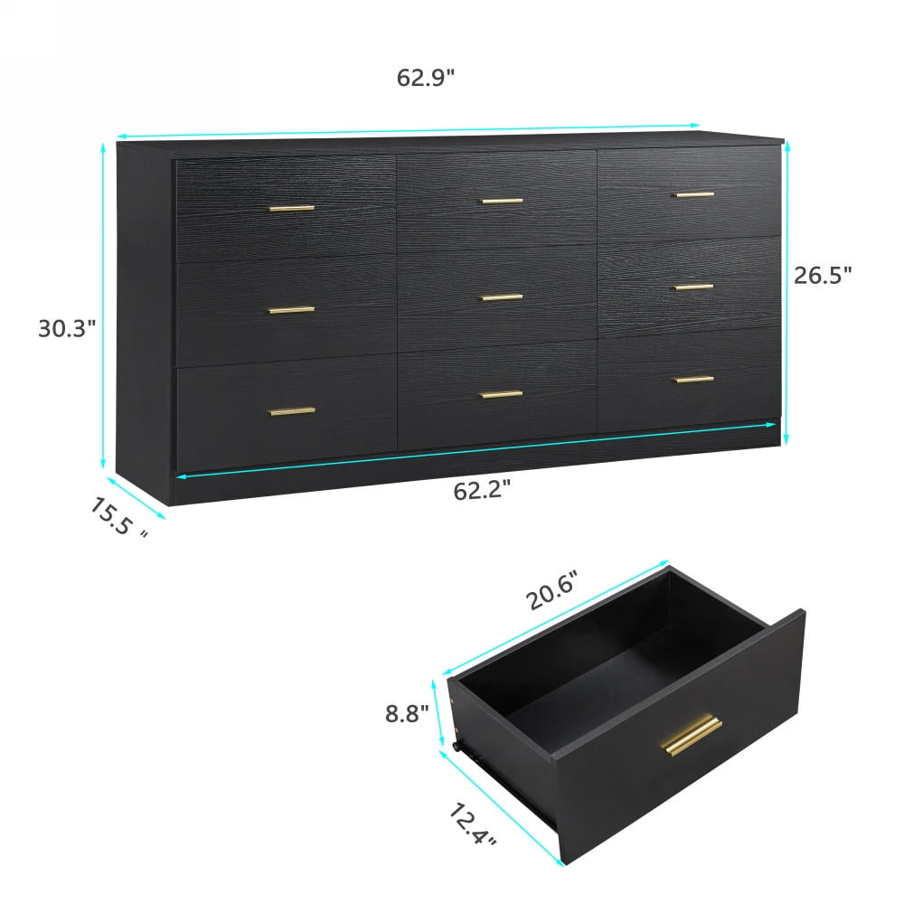 Aukfa Large 9 Drawer Dresser,Wood Closet Dressers Long Chest of Drawers for Nursery Bedroom Living Room Hallway, Black