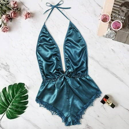 

Women V-Neck Lace Stain Bow Lingerie Bodysuit Sleepwear Pajamas Silk Jumpsuit Note Please Buy One Or Two Sizes Larger
