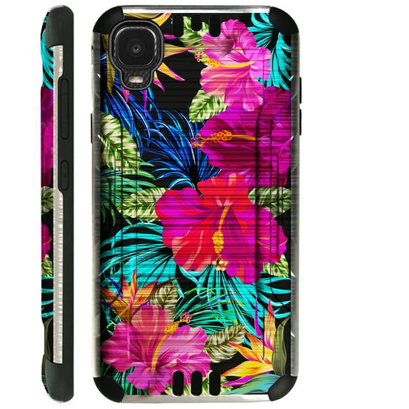 Compatible with TCL A3 Brushed Metal Texture Hybrid Silver Guard Phone Case Cover (Wild Hibiscus Flower)