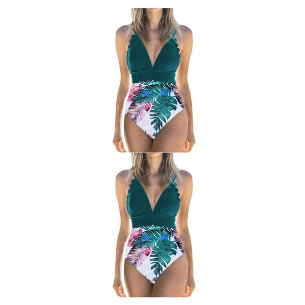 Sonducket Traje de baño sin mangas para mujer, traje de baño con relleno, traje de baño a la moda, ropa de playa, verde + flor blanca M Type8 NO8 Sonducket CBP218398
