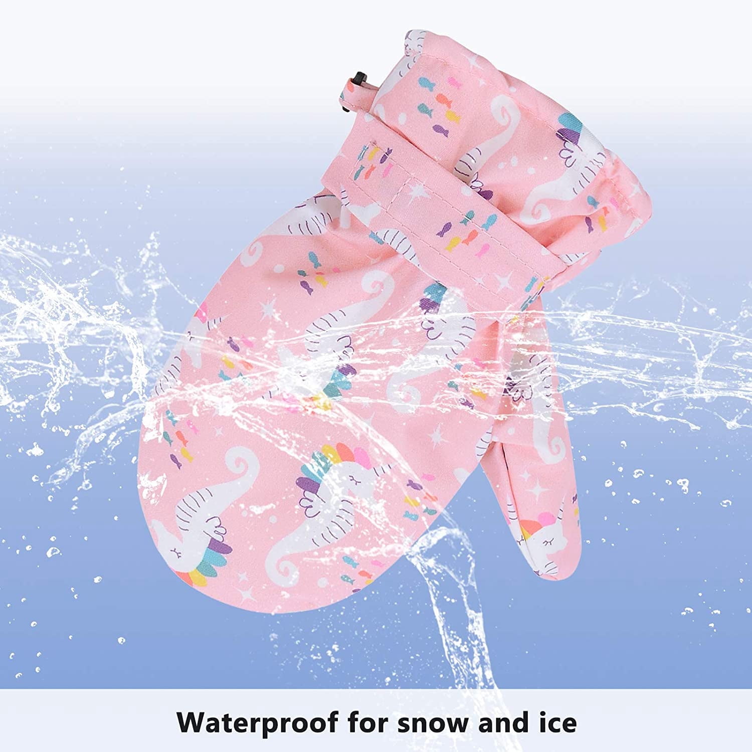 Zando Toddler Kids Ski Gloves for Kids Snow Gloves Waterproof Warm Toddler Mittens for Winter Outdoor Sports Pink Rainbow Seahorse S
