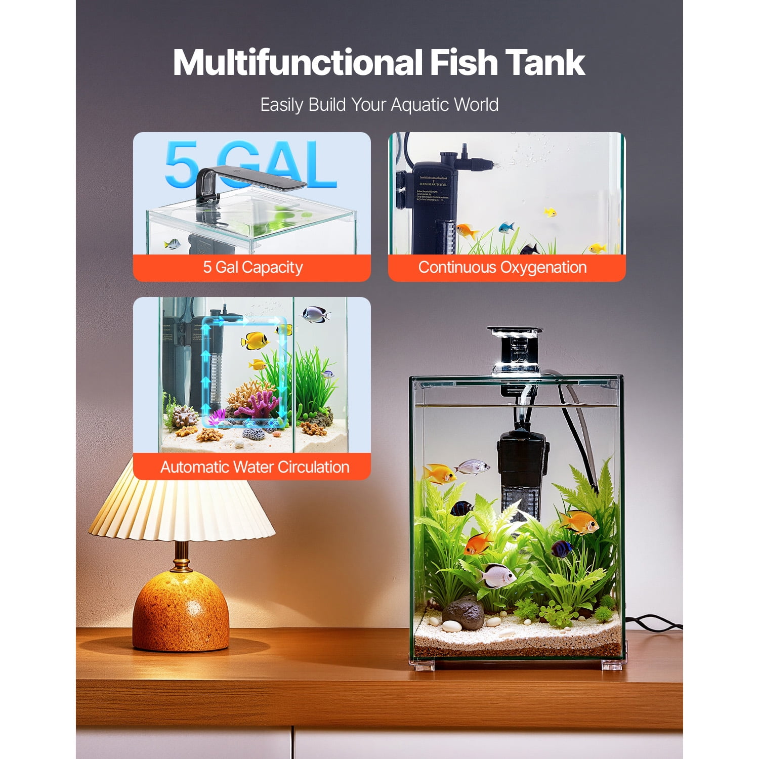 KFFKFF 5 Gallon Square Ultra-Clear Glass Aquarium with Adjustable 3-Color Lighting and Self-Cleaning System for Freshwater and Saltwater Fish, Ideal for Home, Office, or Pet Use