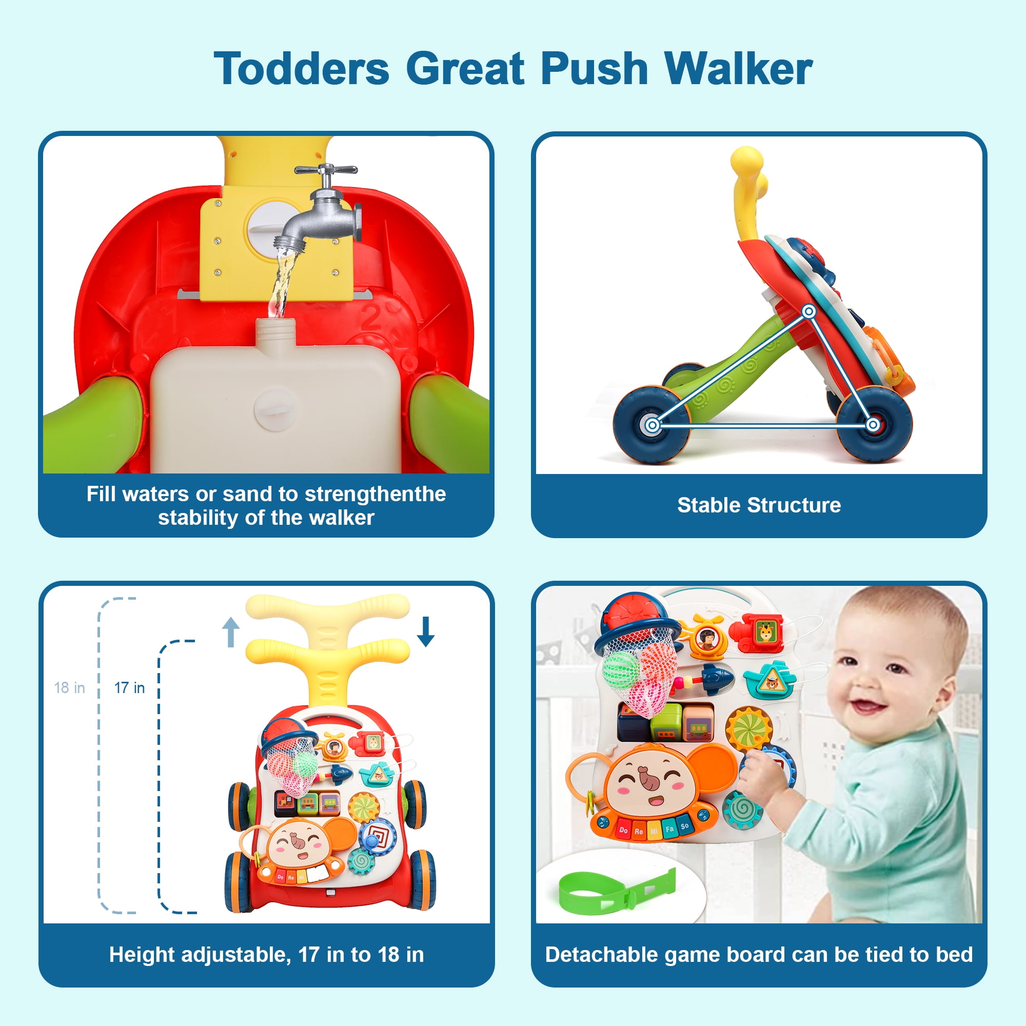 Hot Bee 3-in-1 Baby Walker and Learning Table Center, Perfect Learning Toys Christmas Gift for Infants 6-12 Months, 17.3 Inch Perfect for Early Development & Playtime for Girls Boys-Red