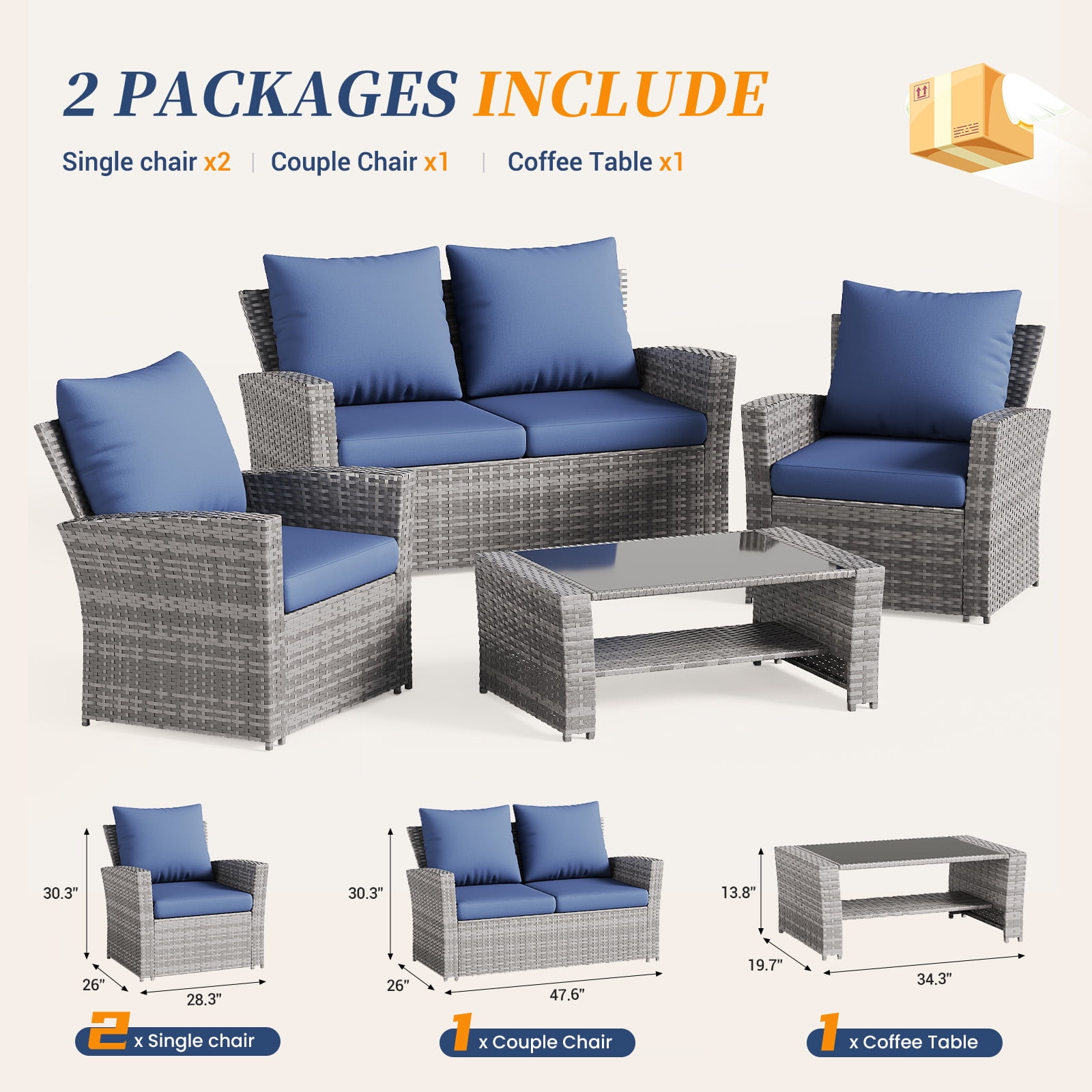ELPOSUN Wicker Patio Furniture Set, 4 Piece Outdoor Sectional Conversation Sets, Gray PE Rattan Patio Sofa Set for Balcony, Porch, Backyard, Navy Blue