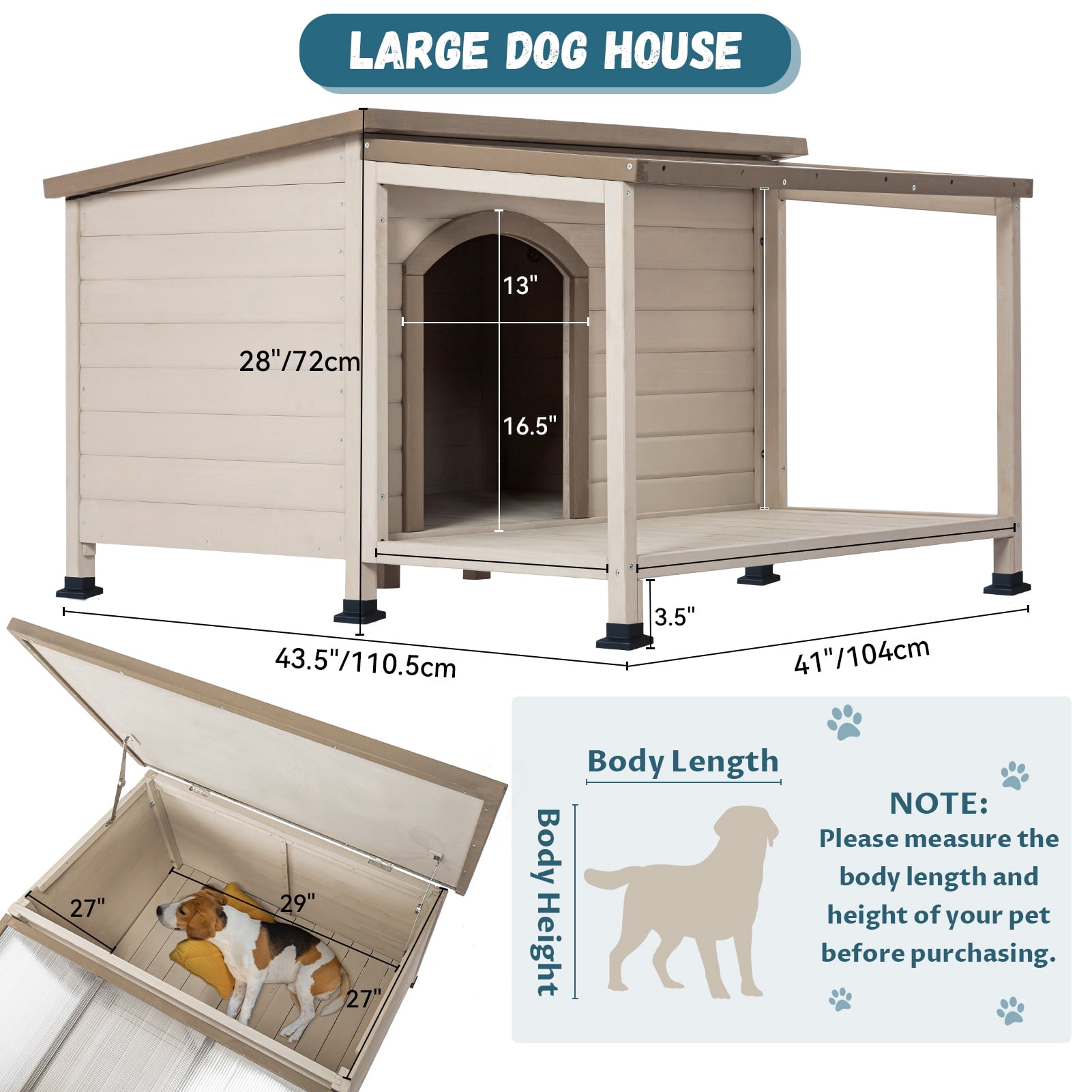 Petsfit Dog House, PVC Asphalt Roof Dog House for Large Dogs, Weatherproof Large Dog House with Extra-Large Terrace