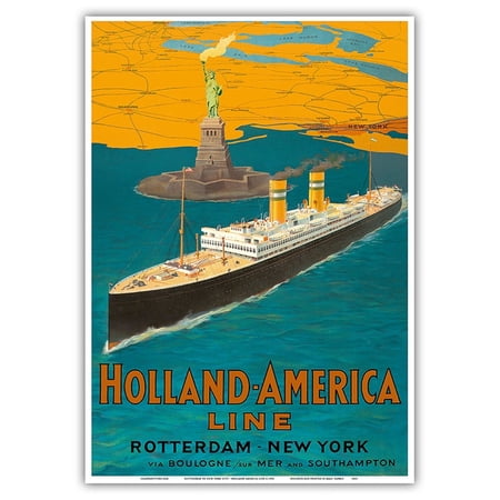 Rotterdam to New York City - Holland-America Line - Statue of Liberty - Vintage Ocean Liner Travel Poster c.1950 - Master Art Print 10in x 14in