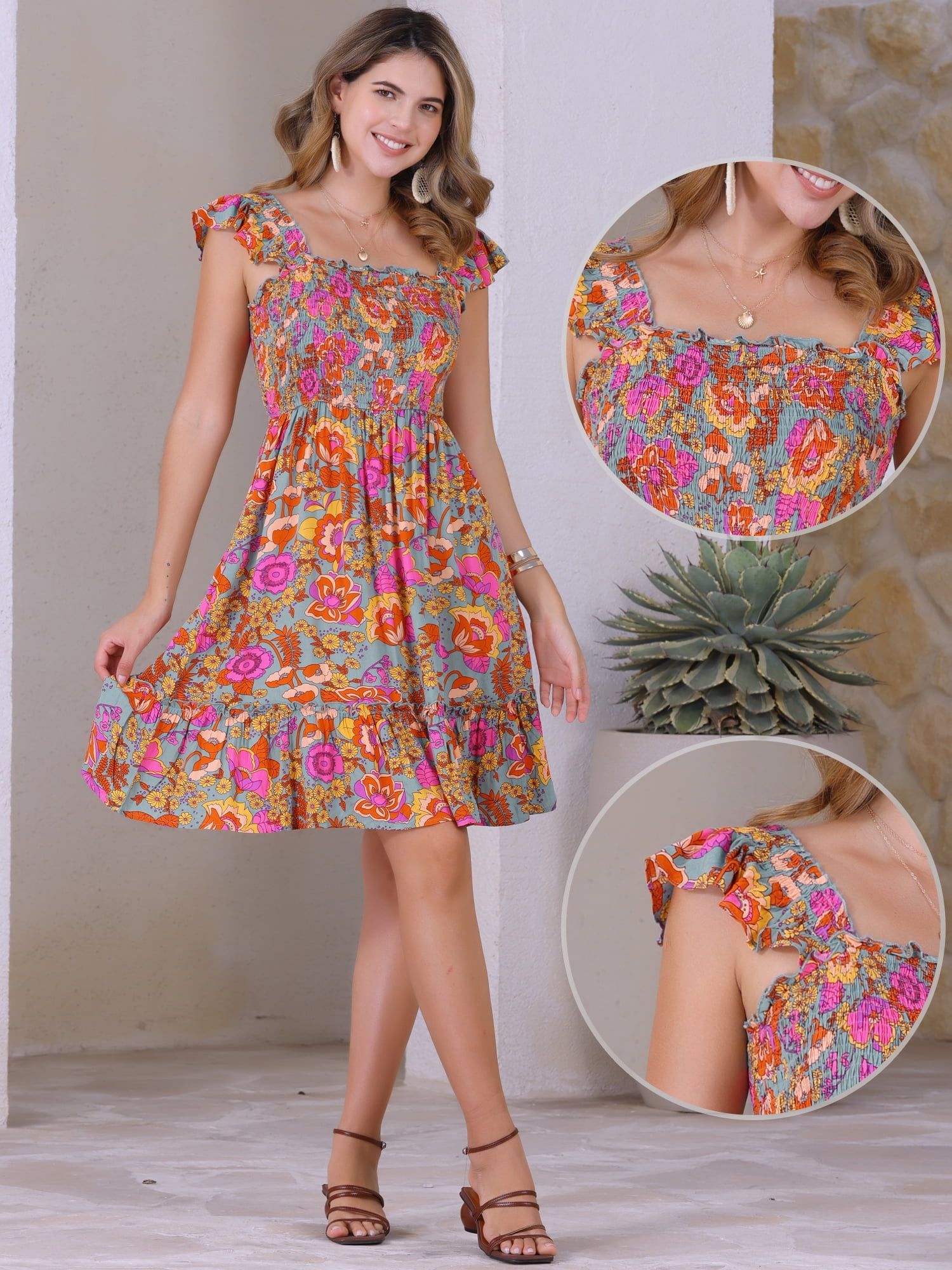 DARING DIVA Floral Smocked Sleeveless Square Neck Ruffled Dress S Sage Green