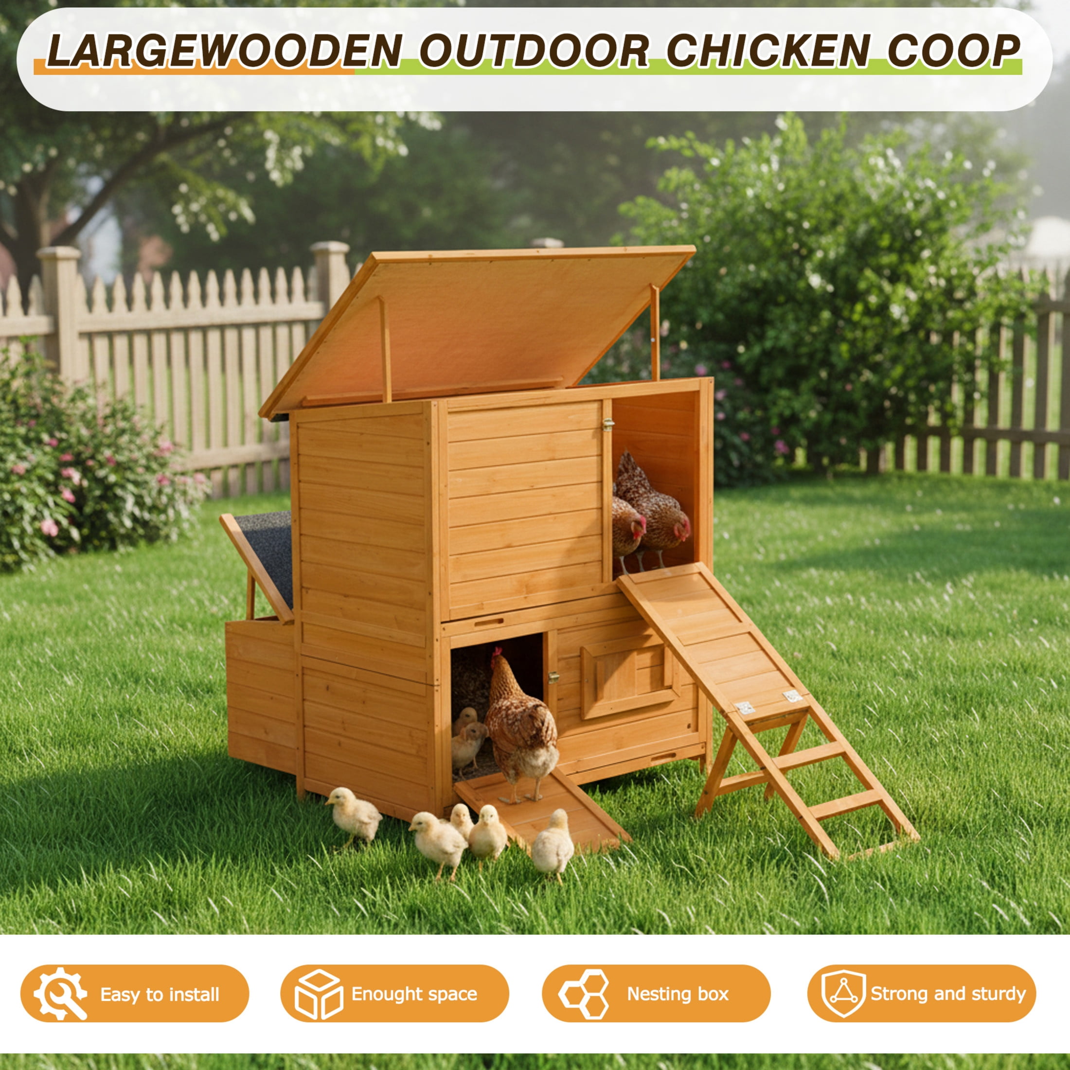 Noble House Outdoor Chicken Coop, Double-House Wooden Poultry Hutch with Nesting Boxes and Pull-Out Trays, Natural