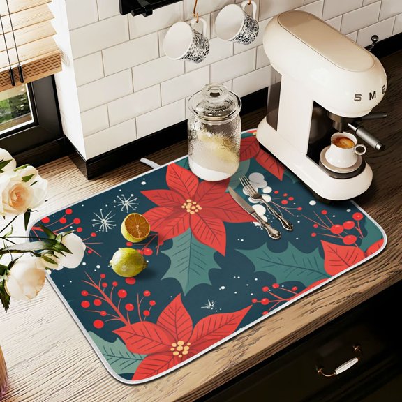 Yayeee Dish Drying Mat for Kitchen Counter 16" x 18" Microfiber Super Absorbent Coffee Decorative Pad, Christmas Berries