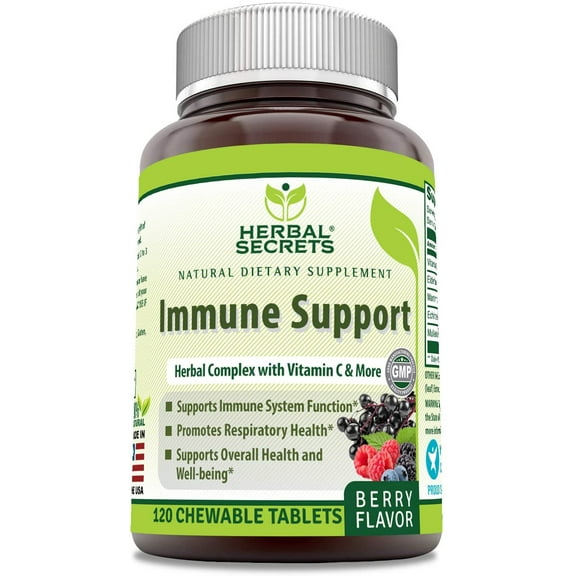 Herbal Secrets Immune Support Berry Flavor 120 Chewable Tablets | With Vitamin C & Elderberry | Non-GMO | Glute-Free | Made in USA