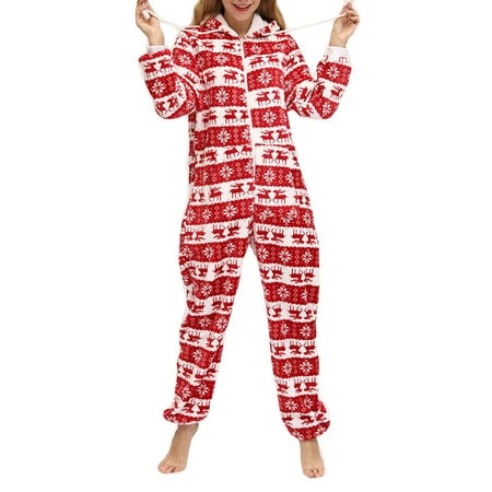 

AMILIEe Women Christmas Pajamas Onesies Deer Snowflake Long Sleeve Hooded Jumpsuit Nightwear