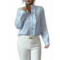 thumbnail image 3 of Women'S Button Down Shirt Stand Collar Ruffle Top Striped Long Sleeve Shirts Work Tops for Women Trendy Blue L, 3 of 7