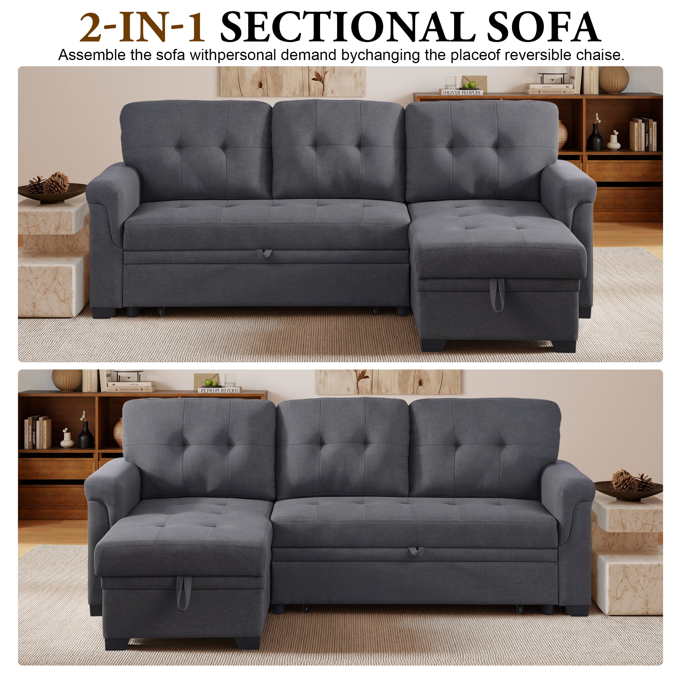 Aenkyo Linen Fabric Reversible Sleeper Sectional Sofa Bed with Storage Chaise, Gray