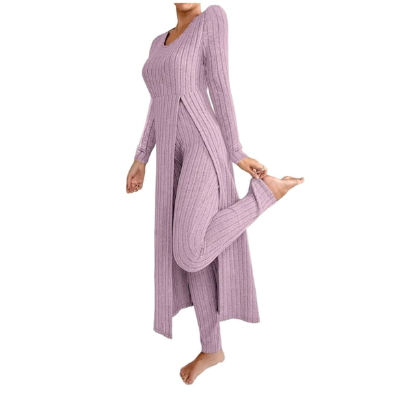 MOJOGO Women's 2 Pieces Pajamas Set Casual Ribbed Long Sleeve Sleepwear Tops with Pants Stretch Home Wear Lounge Set Purple 3XL