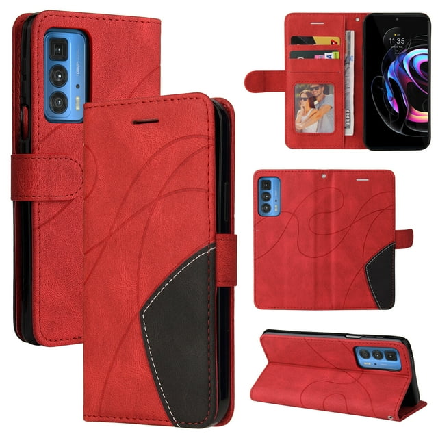 Compatible Motorola Edge 20 pro/Edge s pro Case, Leather Wallet Case Stand View Magnetic Clasp Book Flip Folio Phone Cover - Red
