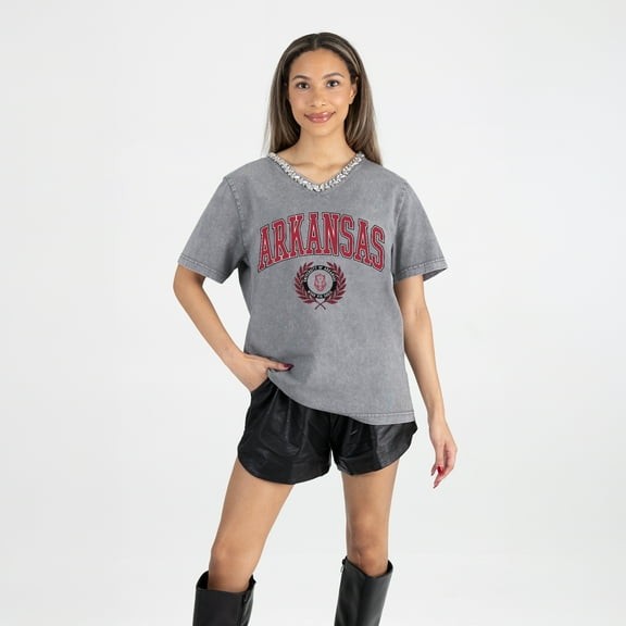Women's Gameday Couture Gray Arkansas Razorbacks Iconic Edge Rhinestone V-Neck T-Shirt