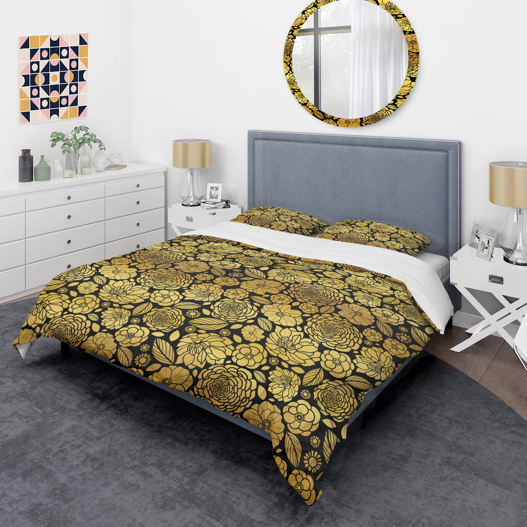 Designart 'Golden Floral II' Mid-Century Modern Duvet Cover Set