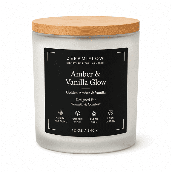 ZeramiFlow Amber & Vanilla Glow Scented Candle, 12 oz, Soy Coconut & Beeswax Blend, Dual Cotton Wicks, Frosted Glass Jar with Bamboo Lid