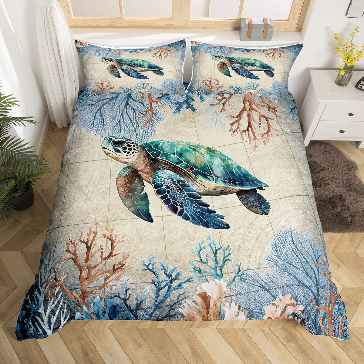 Sea Turtle Queen Bedding Set for Boys Girls Ocean Theme Comforter Cover ...