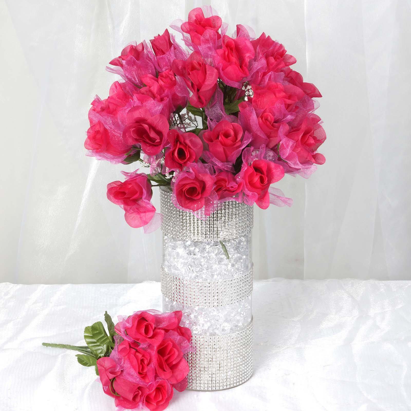 12 Bushes 84 Pcs Fushia Artificial organza Rose Bud