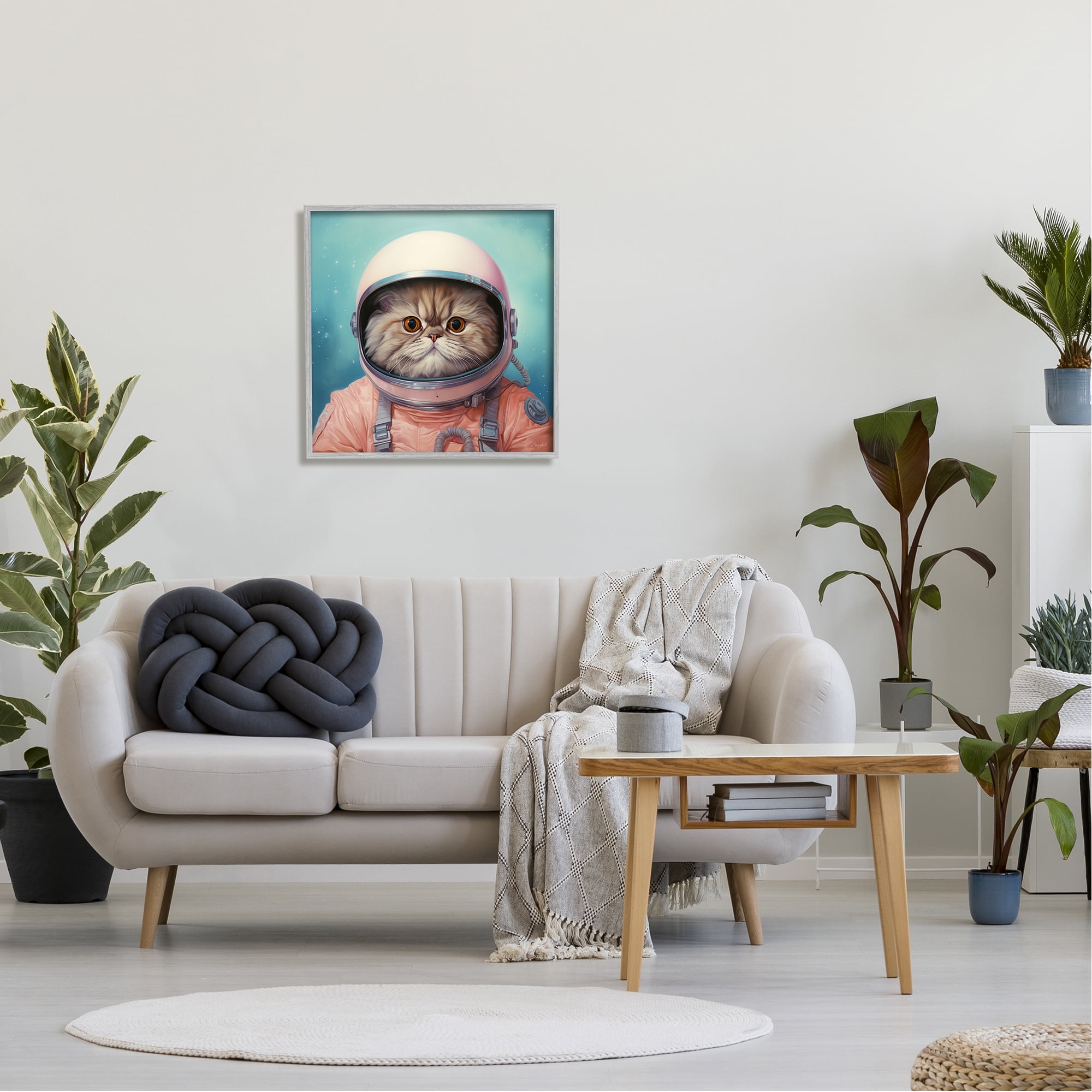 Stupell Industries Astronaut Cat in Space Animals & Insects Painting Gray Framed Art Print Wall Art, 24 x 24