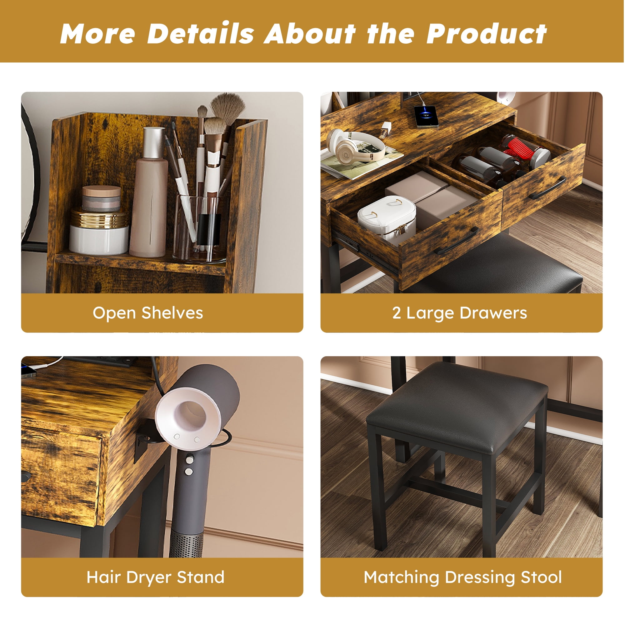 Jopath Vanity Desk with Mirror and Lights,Makeup Vanity Table with 2 Drawers and Metal Leg,Dressing Table for Bedroom,Dressing Room,Brown