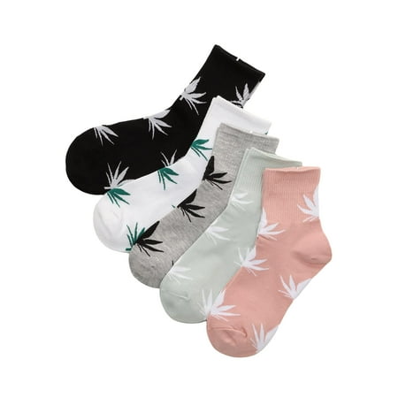 

OYOANGLE Women s 5 Pairs Casual Pack Fun Letter Graphic Funny Novelty Crew Socks Gifts Black White Grey one-size