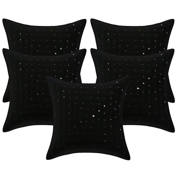 Stylo Culture Ethnic Sofa Throw Pillow Covers 16x16 Embroidered Mirror Lace Black Bohemian 40 x 40 cm Bedroom Cotton Geometric Square Cushion Covers | Set Of 5