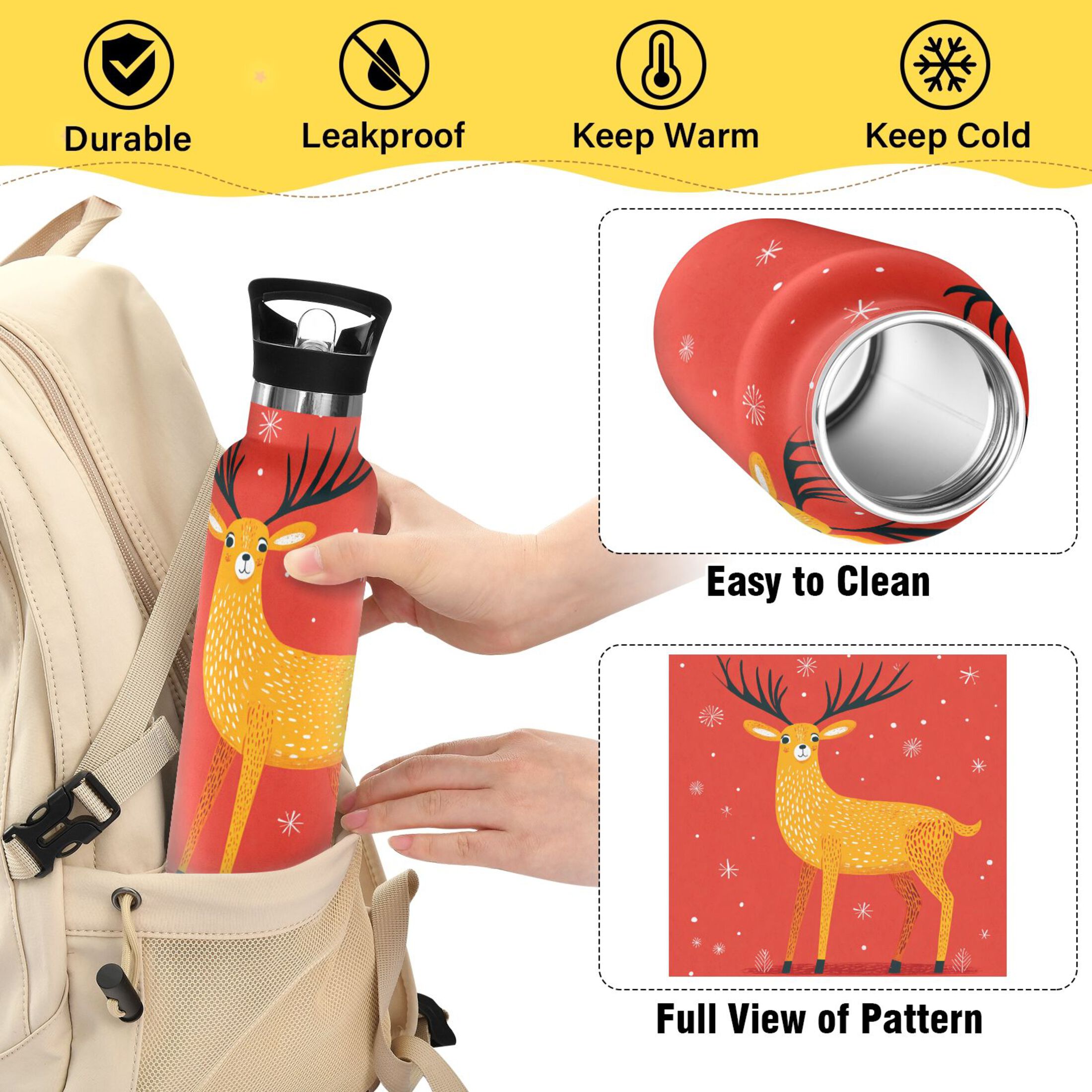 600ML Stainless Steel Insulated Cup Sports Water Bottle Portable Thermos Cup Water Glasses Insulated Tumblers Convenient and Durable Warm Christmas Deer