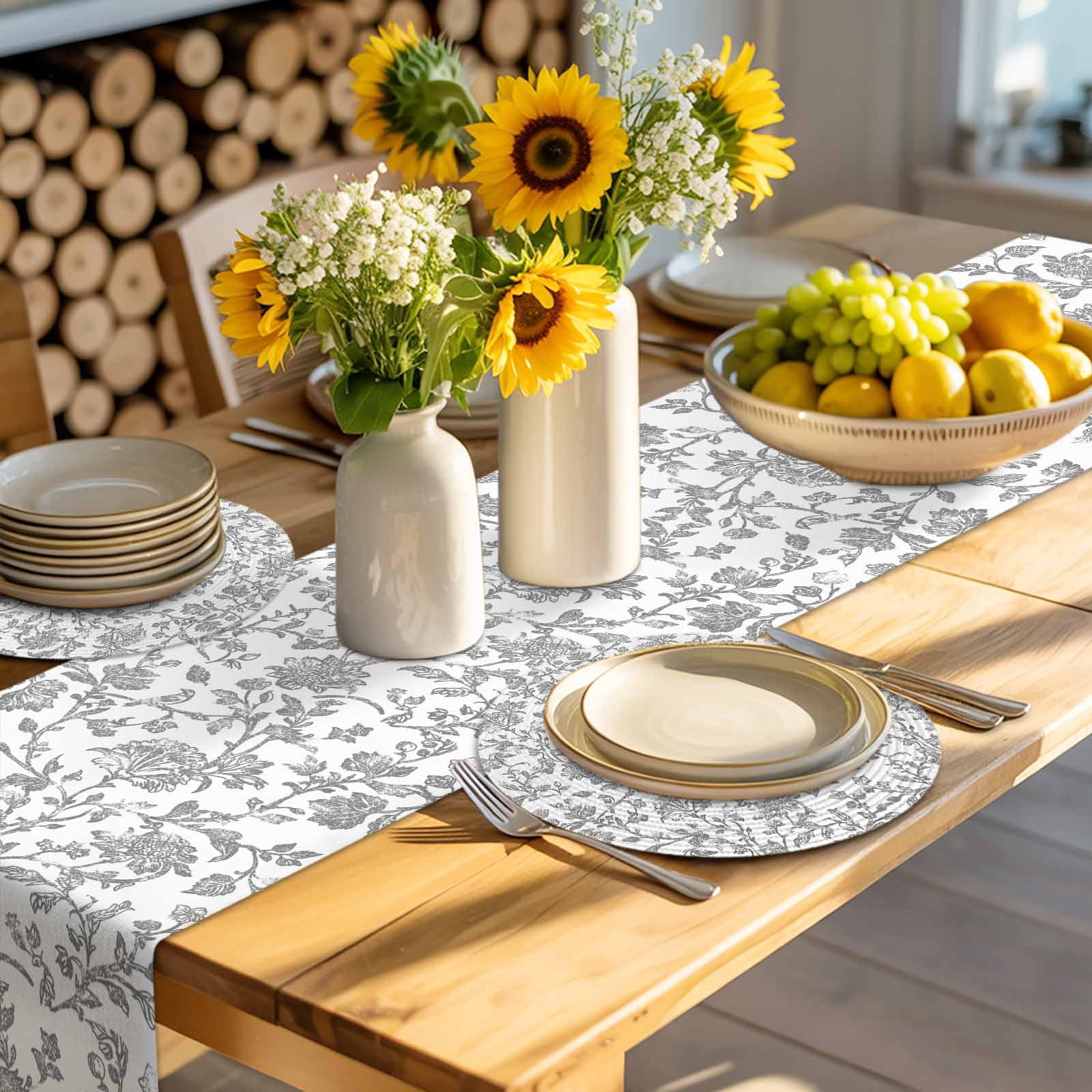 Grey Flower Round 13 Inch Placemats Set of 8, Vintage Farmhouse Boho Leaf Spring Plant HeatResistant Non Slip Place Mats for Dining Table, Wipeable Braided Kitchen Table Mats for Housewarming