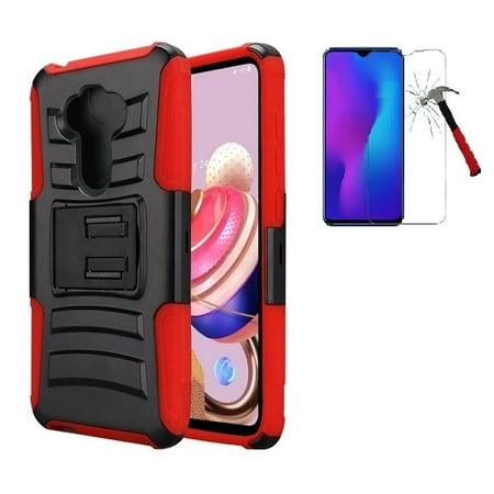 Compatible Case for TracFone LG K31 Rebel (L355DL-A) / Straight Talk LG K31 Rebel /LG K31 / LGK8X, Shockproof Holster Case Cover and Swivel Belt Clip Kickstand + Tempered Glass (Red)