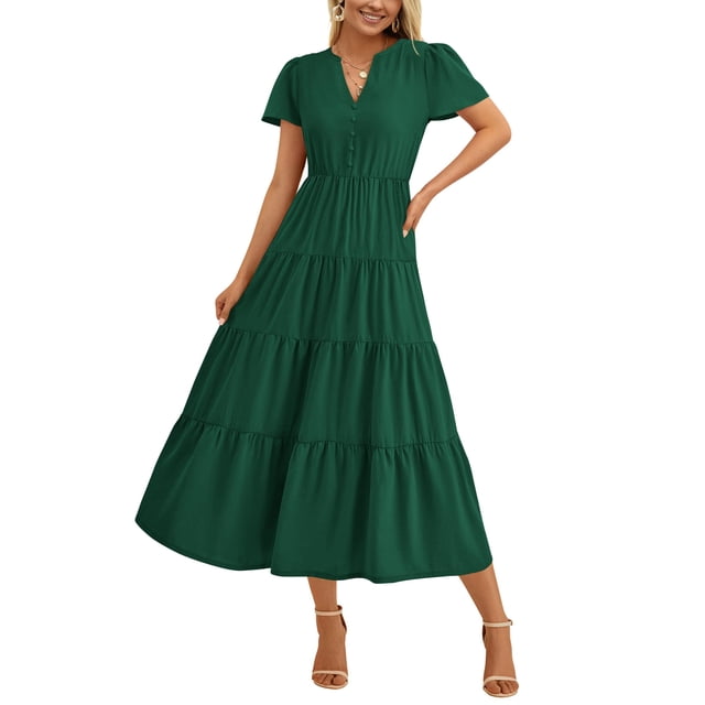 Vestido PRETTYGARDEN para mujer, midi, casual, cuello en V, verano, con bolsillos