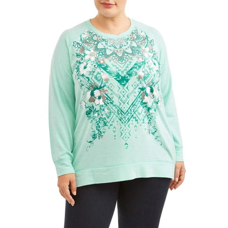 Womens Plus Size Graphic Raglan Long Sleeve T-Shirt