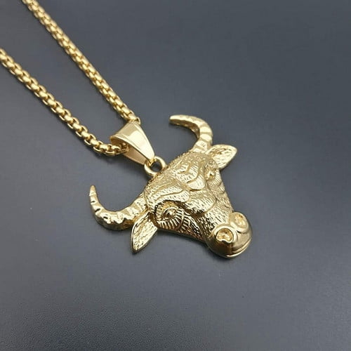 Hip Hop Bling 14K Yellow Gold Bull Head Tau Pendants Necklaces for Men Rapper Jewelry
