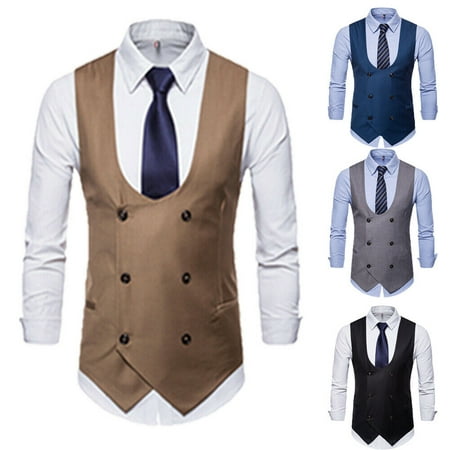 Men Formal Gentlemanlike Dress Vest Double Breasted Checks Waistcoats