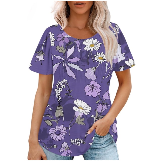 Hauts d'Été à Manches Courtes Femme Mode 2024 Blouses Plissées Chic Décontractées Col Rond T-Shirts de Couleur Unie (XX-Grand, Violet 03)